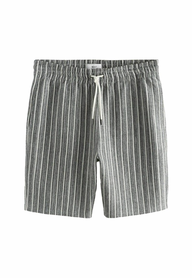 Gestreepte Shorts in Grau und Weiß, aus leichtem Material, mit elastischem Bund und Kordelzug sowie seitlichen Taschen.