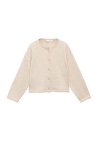 Cardigan scurt bej, cu mâneci lungi, decolteu rotund și șapte butonuri. Fabricat dintr-un material moale, cu manșete cu nervuri.