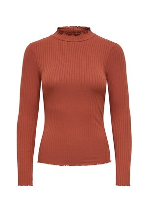 Geribbelde top met lange mouwen in terracotta met een geplooide hoge hals en een gegolfde zoom, gemaakt van rekbare stof voor een nauwsluitende pasvorm.