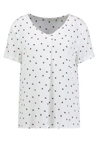 Blusa blanca de manga corta con escote en V, que presenta una tela texturizada y patrones geométricos rojos y azules dispersos por todo su diseño.