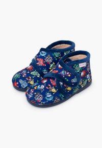 Marineblaue Fleece-Hausschuhe mit einer Vielzahl von bunten Roboter-Mustern, ausgestattet mit einem Klettverschluss und einem weichen Innenfutter für zusätzlichen Komfort.