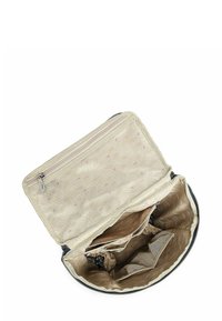 Béžová látková taška s kapsou na zip z průhledné síťoviny, několika přihrádkami a vzorovaným vnitřkem. Má texturovaný povrch a pevný zip.