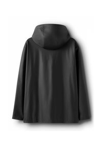 Veste imperméable noire avec manches longues et capuche vue de dos sur un fond blanc.