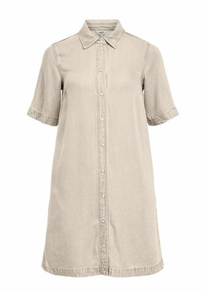 Beige short-sleeve shirt dress made of denim. Features a collared neckline, button-down front, and side pockets. Smooth texture and knee-length.