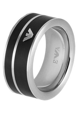 Black and silver band ring featuring a satin finish, two silver stripes, and a logo emblem on the front. Smooth, rounded edges.