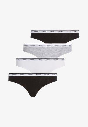 Four pairs of women's thong underwear in black, grey, and white, featuring elastic waistbands with "next" branding. Soft cotton fabric.