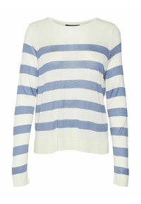 Pull blanc à manches longues avec des rayures horizontales bleues, col rond et coupe décontractée. Texture douce, poignets et ourlet côtelés.