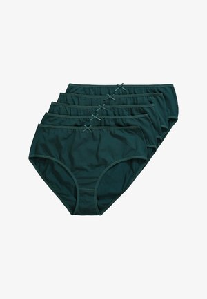 Braguitas de algodón verde oscuro, juego de cinco, con una textura suave y un detalle decorativo de lazo en la cintura. Diseño de cobertura total.