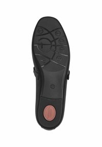 Schwarze Schuhsohle mit einem strukturierten Muster, abgerundeter Form und einem zentralen roten Akzent. Größe 37; hat glatte Kanten und ein rutschfestes Design.
