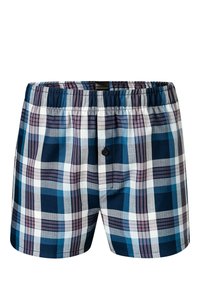 Men's plaid boxers with an elastic waistband, featuring blue, white, and purple squares. Includes a front button detail and cotton texture.