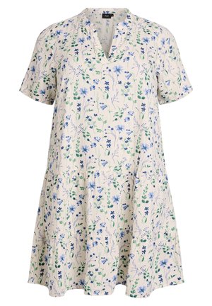 Biele krátke šaty s modrozeleným kvetinovým vzorom, výstrihom do V a detailmi viacvrstvovej sukne.