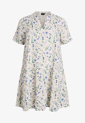 Valge lühikeste varrukatega kleit siniste ja roheliste lillemotiividega, V-kaelusega ja kroogitud seelikuosaga.