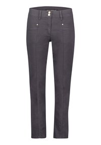 Gray skinny pants with a smooth finish, featuring front pockets, decorative stitching, and small metal accents. Soft fabric, tailored fit.