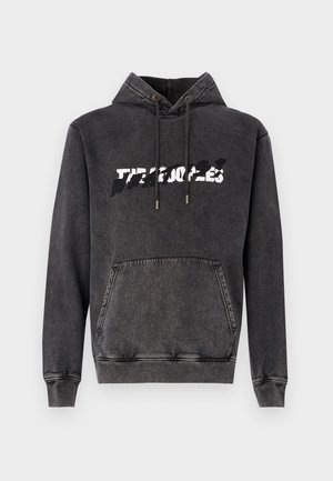 Schwarze Kapuzenjacke aus Baumwollmischung, mit einer Vorderentasche, verstellbaren Zugbändern und einem grafischen Textdesign in Weiß auf der Brust.