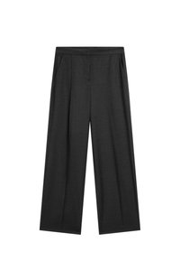Zwarte wijde broekspijpen van gestructureerde stof, met een rechte taille, twee zijzakken en een getailleerde snit voor een gestructureerde pasvorm.