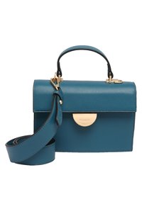 Sac à main en cuir bleu sarcelle avec une forme structurée, une poignée supérieure et une bandoulière réglable. Il est doté d'un fermoir doré et d'une texture lisse.