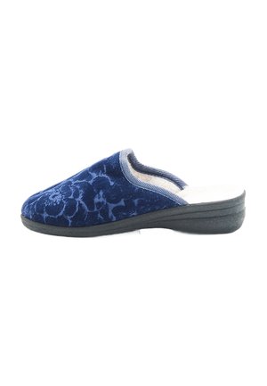 Navy blue velvet slip-on shoe with floral pattern, textured upper, soft lining, and a black rubber sole for stability.
