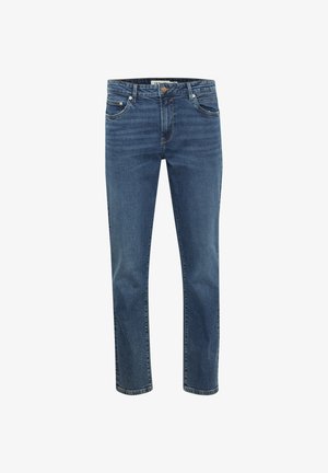 Jeans de mezclilla en azul oscuro con corte recto, cinco bolsillos y costuras en contraste. Cuenta con una cremallera y un botón de metal en la cintura.