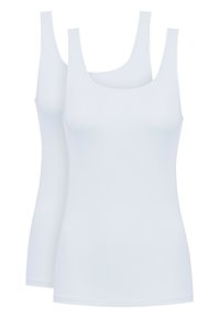 White tank tops, made of stretchy fabric, featuring a scoop neckline and wide shoulder straps; two pieces displayed together.