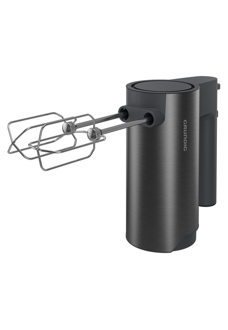 Elektrischer Handmixer mit einem eleganten, mattschwarzen Finish, Edelstahlquirlen und einem kompakten, abgerundeten Design. Mit sichtbar aufgedrucktem Markenlogo.