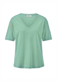 Lichtgroen V-hals T-shirt gemaakt van zacht materiaal, met korte mouwen en een ontspannen pasvorm. Eenvoudig ontwerp zonder zichtbare patronen of versieringen.