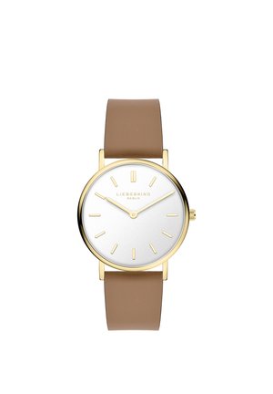 Minimalistische Armbanduhr mit goldenem Gehäuse, weißem Zifferblatt, goldenen Stundenmarkierungen und Zeigern sowie einem glatten braunen Lederarmband.