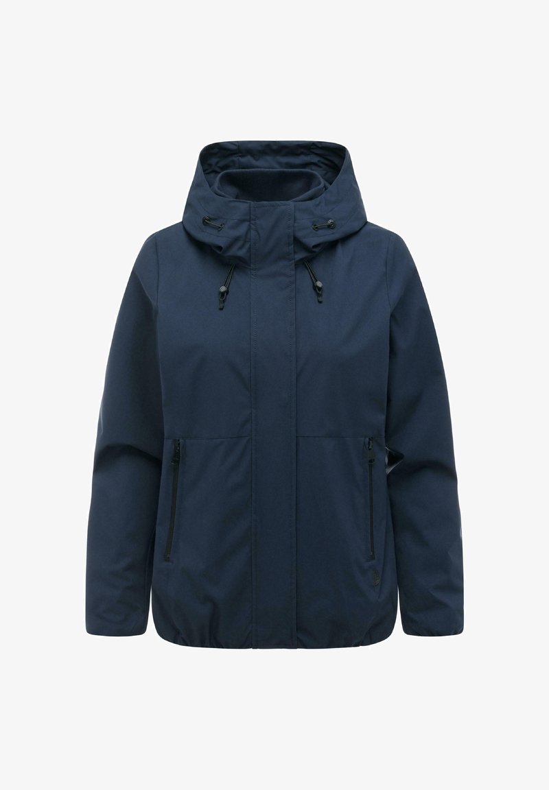 Marineblaue Kapuzenjacke mit verstellbaren Kordeln, Frontreißverschluss und zwei seitlichen Reißverschlusstaschen.