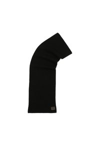 Sciarpa nera a coste realizzata in materiale morbido, con un design angolato unico e un piccolo tag con il marchio vicino al fondo.