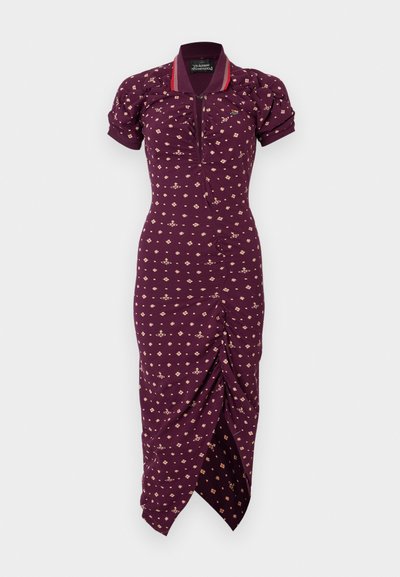 Μωβ μεσαίο φόρεμα με φουσκωτά κοντά μανίκια, μικρό λουλουδάτο σχέδιο, φερμουάρ στο γιακά και ραμμένη λεπτομέρεια σκισίματος στο μπροστινό μέρος.