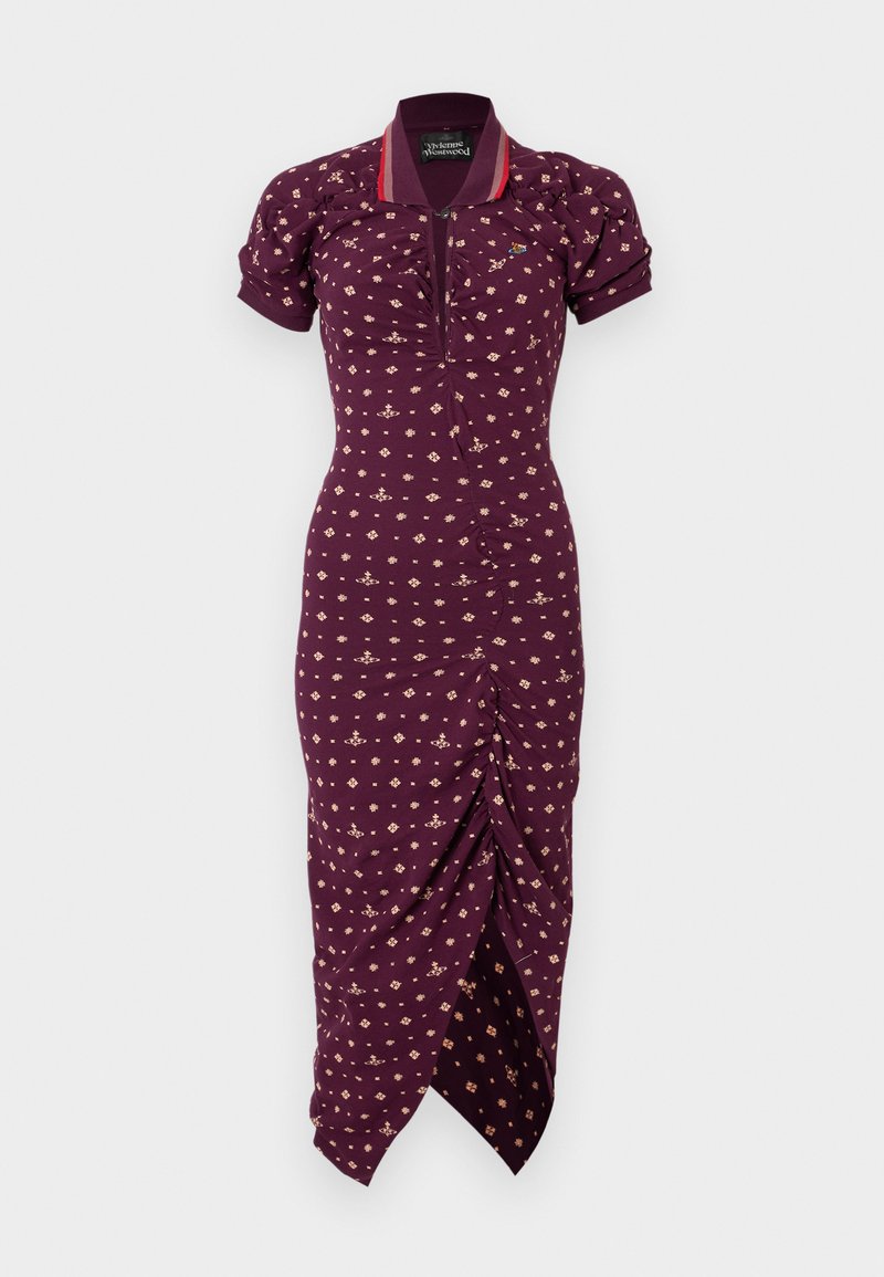 Lila Midikleid mit kurzen Puffärmeln, kleinem Blumenmuster, Reißverschluss am Kragen und gerafftem Frontschlitz.