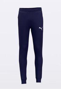 Marineblå atletikbukser med en smal pasform. Fremstillet af glat stof med elastisk talje og en hvid Puma-logo på venstre ben.