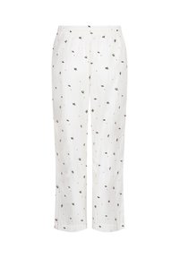 Lichte, witte pyjamabroek met kleine bloemmotieven in zwart en rood. Voorzien van een elastische tailleband en een rechtlopend ontwerp.
