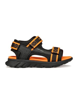 Sandalo nero e arancione resistente all’acqua con cinturini in velcro regolabili e suola imbottita progettato per uso all'aperto.