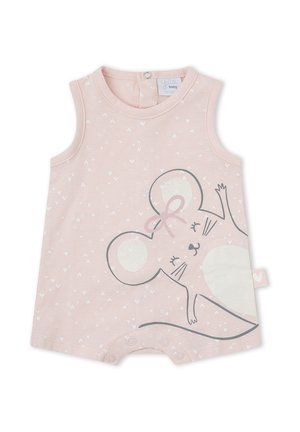 Pelele rosa sin mangas para bebé con pequeño estampado de corazones blancos y una gran ilustración de un ratón sonriente con un lazo en la cabeza.