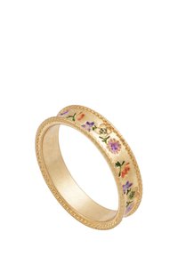 Gold ring featuring a floral enamel design with purple, orange, and green accents. Smooth texture with a textured edge detail.