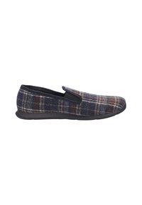 Pantofole a quadri navy e marroni con texture in feltro, design slip-on, dettagli elasticizzati ai lati e suola in gomma nera resistente.