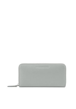 Light gray leather wallet with a smooth texture, zip closure, and embossed logo. Features rounded corners and a simple, rectangular design.