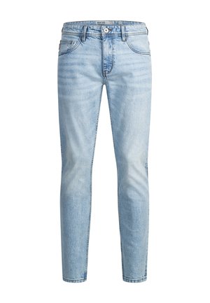 Jeans de mezclilla azul claro con un ajuste slim, que cuentan con un diseño de cinco bolsillos, costuras en contraste y un cierre de un solo botón.
