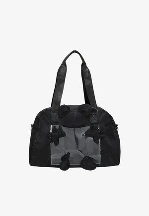 Musta kangaskassi, jossa on läpinäkyvä etupaneeli, kaksinkertaiset mustat kahvat ja pehmeät yksityiskohdat edessä ja sivuilla. Vetoketjukiinnitys.