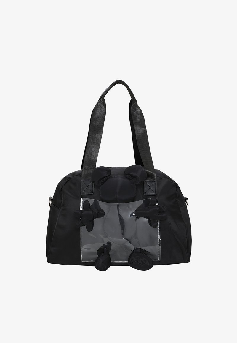 Czarna torba materiałowa z przezroczystą przednią panelem, podwójnymi czarnymi uchwytami oraz pluszowymi akcentami na przodzie i bokach. Zamek błyskawiczny.