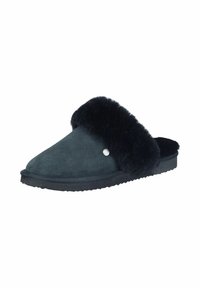 Dark gray suede slippers with a fluffy black faux fur collar, flat outsole, and a circular logo accent on the side.