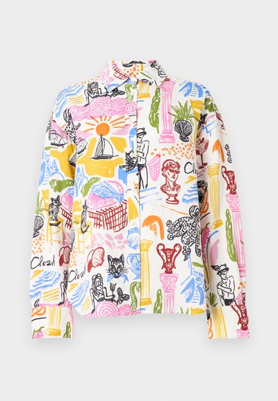 Chemise à manches courtes à boutons en coton léger multicolore, ornée d'imprimés graphiques de personnages, de flore et d'éléments marins.