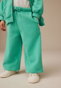 Turquoise fleece jogger pants with a drawstring waist, side pockets, and a relaxed fit, paired with white canvas sneakers.