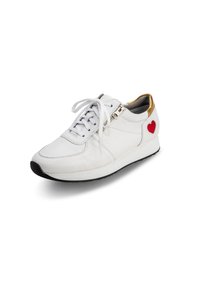 White leather sneaker featuring a metallic gold accent at the heel, a red heart patch, and a textured surface with a lace-up design.