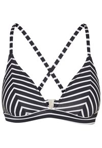 Top de biquíni listrado em preto e branco com formato triangular, alças finas cruzadas e um fecho metálico na frente. Textura suave.