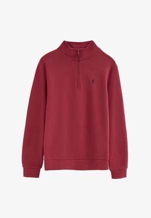 Rotes Fleecepullover mit Viertel-Reißverschluss, langen Ärmeln und kleinem schwarzen gesticktem Golfer-Logo auf der linken Brust.