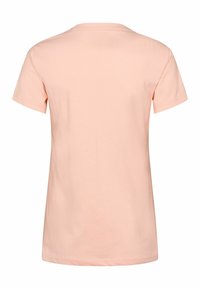 Svetloružová bavlnená tričko s krátkymi rukávmi, okrúhlym výstrihom, vo voľnom strihu, hladká textúra, jednoduchý dizajn, bez viditeľných vzorov alebo akcentov.