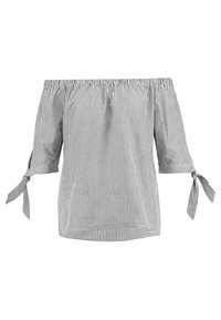 Off-the-shoulder topp i svart och vitt randigt tyg, med knytärmar och avslappnad passform. Slät textur med rynkad halsringning.