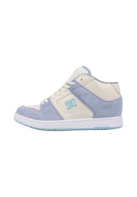Wysokie sneakersy charakteryzujące się połączeniem jasnoniebieskiego zamszu i kremowej skóry. Podeszwa jest biała z jasnoniebieskim akcentem. Wyraźne logo po boku.