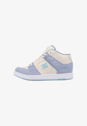 High-top sneakers featuring a mix of light blue suede and cream leather. The sole is white with a light blue accent. Prominent logo on the side.
